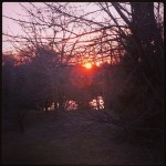 The sun sets behind a finally thawed pond